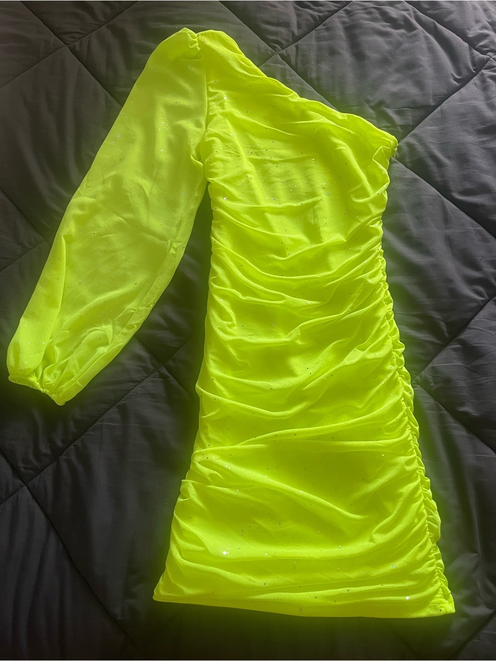 Neon Yellow One-Shoulder Ruched Mini Dress